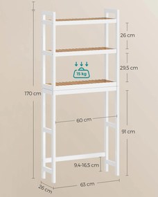 Estante de casa de banho 26 x 63 x 170 cm de 3 andares em bambu branco e cor natural