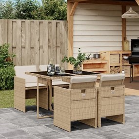 vidaXL 5 pcs conjunto de jantar p/ jardim com almofadões vime PE bege