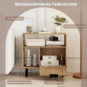 Movel pequeno arrumação 60 x 25,5 x 59 cm em rattan com prateleira de arrumação e pernas em metal para espaços pequenos, sala ou quarto, natural