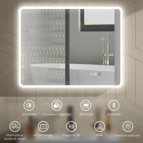 Espelho de casa de banho LED com Bluetooth, 70 x 90 cm, interruptor tátil, iluminação regulável, 3 cores, antiembaciamento, memória, prateado