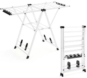 Estendal dobrável 141 x 56 x 99–148 cm com braços ajustáveis, pinças para meias e prateleira para sapatos, estendal para roupa, cor branca