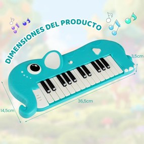 Piano infantil de 25 teclas em forma de elefante com música e luzes integradas para maiores de 3 anos Azul
