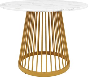 Mesa de jantar redonda para 4 pessoas, mesa de cozinha com tampo em MDF e pés de metal, 80x80x76 cm, Branco+Ouro