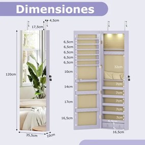 Armário de joias em madeira com espelho de parede e LED interno Organizador de porta ou parede com chave 35,5 x 10 x 120 cm Púrpura