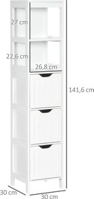 Armário Casa de Banho Estreito com 3 Gavetas e 2 Prateleiras Abertas Estilo Moderno 30x30x141,6 cm Branco