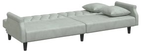 Sofá-cama 2 lugares c/ almofadas e apoio pés veludo cinza-claro