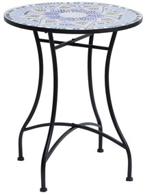 Outsunny Mesa de Jardim Redonda Mesa de Varanda  Ø60x71 cm com Bancada em Mosaico Decorativa Mesa de Exterior Pátio Azul e Branco