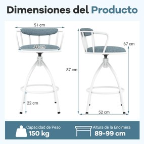 Conjunto de 2 bancos de bar giratórios estofados com encosto e apoio para os pés, estrutura metálica, para cozinha, bar, casa ou sala de jantar, azul