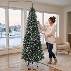Árvore de Natal Nevada Tipo Lápis 210 cm Estreita com Bagas Vermelhas, Pinhas e 818 Pontas Verde