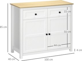 Cómoda com 2 portas e prateleira ajustável em altura, 2 gavetas, 100 x 40 x 85 cm, branca e com acabamento em imitação de madeira