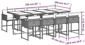 9 pcs conjunto de jantar p/ jardim c/ almofadões vime PE cinza