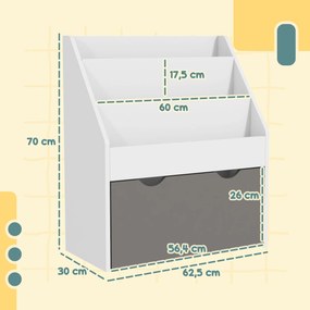 Estante Infantil para Livros e Brinquedos, 62,5 x 30 x 70 cm, 3 Prateleiras e Gaveta, Cinzento
