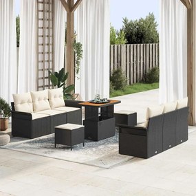 vidaXL Conjunto de Sofá de Jardim com 9 peças e almofadas de rattan poliéster preto e acácia