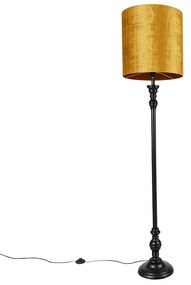 Candeeiro de pé preto com abajur em tecido dourado 40 cm - Classico Clássico / Antigo