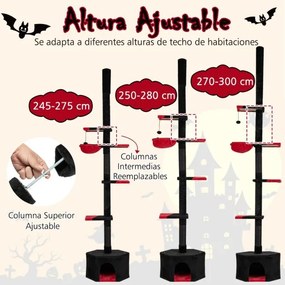 Arranhador para gatos gótico ajustável do chão ao teto de 55 x 29 x 245-300 cm Torre alta de 5 níveis com abrigo, rede e postes para arranhar Preto
