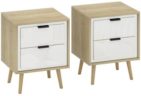 Conjunto de 2 Mesas de Cabeceira Modernas com 2 Gavetas de Deslizamento Silencioso Pés de Madeira 40x35x50 cm Branco Brilhante e Carvalho