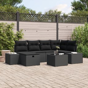 Conjunto de Sofá de Jardim de 7 Peças com Almofadas Preto Vime PE