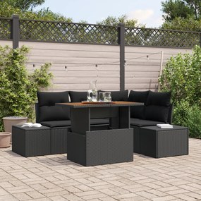 Conjunto de Sofás de Jardim de 5 Peças com Almofadas Preto Vime Poliés