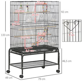 Gaiola para Pássaros com Rodas com 4 Comedouros 3 Poleiros Brinquedos Bandeja Amovível e Prateleira 79x49x133 cm Preto