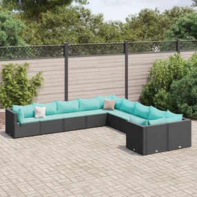 10 pcs conjunto sofás de jardim c/ almofadões vime PE preto
