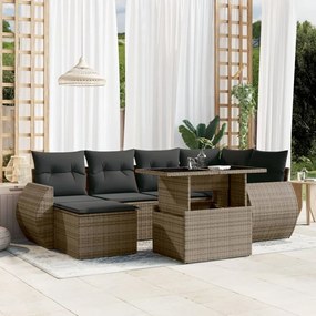 7 pcs conjunto sofás p/ jardim c/ almofadões vime PE cinzento