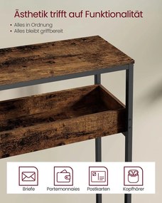 Mesa consola estreita com dois níveis e compartimentos semiabertos 24 x 100 x 80 cm Castanho vintage + Preto