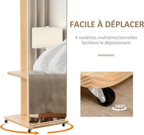 Espelho de pé com rodas 40 (L) x 44,5 (P) x 170 (A) cm Com cabides, 4 ganchos e prateleira em MDF com acabamento em madeira clara