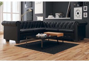 Sofá de canto Chesterfield 5 lugares couro artificial preto