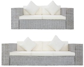 278797 vidaXL 2 pcs conjunto de sofás com almofadões vime natural cinzento