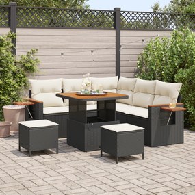 Conjunto de Sofá de Jardim 8 Peças com Almofadas Preto Rattan Sintético Acácia