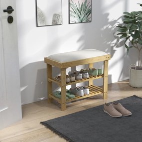 Banco Sapateira de Bambu Sapateira com Assento Almofadado 2 Prateleiras para 6 Pares de Sapatos 60x29x49 cm Madeira e Creme
