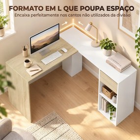 Secretária de Canto em L 120x110 cm com Gaveta e 2 Prateleiras, Branco e cor Natural