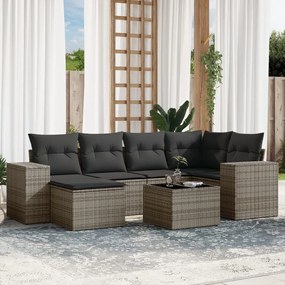 7 pcs conjunto sofás p/ jardim c/ almofadões vime PE cinzento