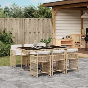 7 pcs conjunto de jantar p/ jardim com almofadões vime PE bege