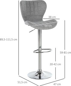 Conjunto de 2 bancos de bar, altura do assento ajustável entre 59 e 81 cm, giratórios a 360°, em linho cinzento