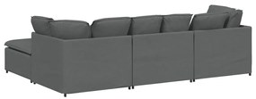 Sofá modular com pufes e almofadas tecido cinzento-escuro