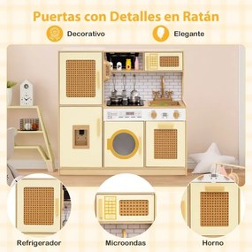 Cozinha de brinquedo para crianças com luzes e sons realistas, frigorífico, dispensador de água, máquina de lavar roupa e acessórios de cozinha amarel
