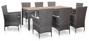 vidaXL 9 pcs conjunto jantar exterior c/ almofadões vime PE cinzento