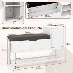 Banco para entrada para sapatos 100 x 30 x 68 cm com caixa rebatível e 2 portas Almofada de assento Branco
