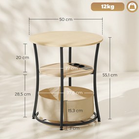 Mesa Auxiliar Redonda de 3 Níveis com Estação de Carregamento Mesa Auxiliar Industrial com 2 Prateleiras Abertas Ø50x55,1 cm Madeira e Preto