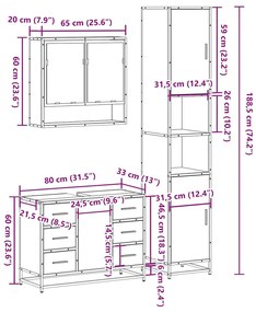 3 pcs Conjunto móveis casa de banho madeira proc. cinza sonoma