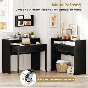 Secretária extensível, mesa pequena para computador com 2 gavetas e rodas 100 x 63 x 88 cm Preta
