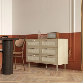 Cómoda com 6 gavetas, móvel de arrumação com trançado de vime, 110 x 40 x 75 cm, acabamento em madeira clara