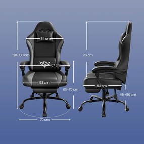 Cadeira gaming, ergonómica para PC em couro PU com apoio para os pés e inclinação de 135°, 70 x 70 x 120-130 cm Preto e cinzento