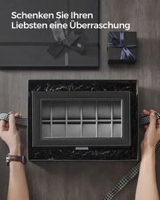 Caixa para relógios com tampa de vidro 1 gaveta Ideia para prendas 18,5 x 32,5 x 13,5 preto-cinzento