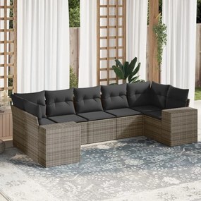 7 pcs conjunto sofás p/ jardim c/ almofadões vime PE cinzento