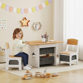 Mesa Infantil com 2 Cadeiras Mesa e Cadeiras para Crianças com 6 Gavetas de Tecido Desenho Estrelas Madeira e Branco