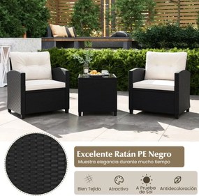 Conjunto de móveis de jardim de 3 peças de rattan com almofadas de assento e encosto e Mesa de centro de vidro temperado branco / preto