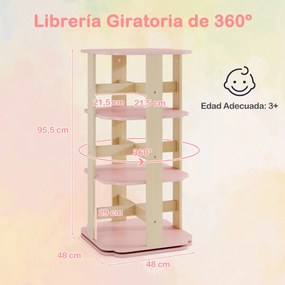 Estante giratória para crianças com 360° de rotação, 3 níveis e 12 compartimentos 48 x 48 x 95,5 cm Rosa