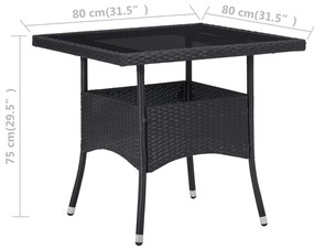 3 pcs conjunto jantar p/ jardim vime PE e vidro temperado preto